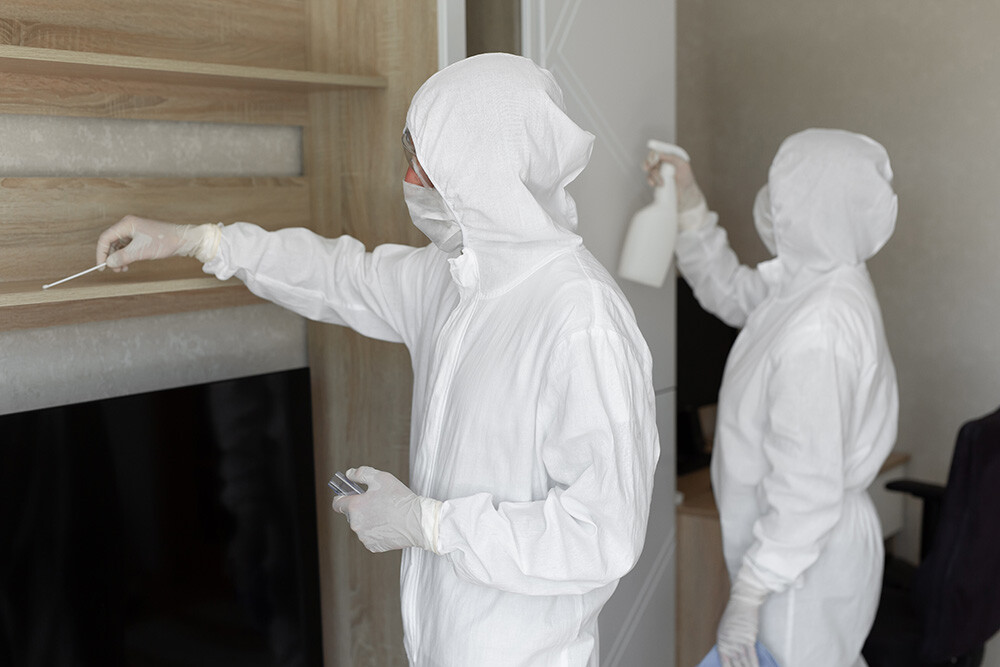 image of two mold remediation specialists in protective gear collecting samples throughout a home